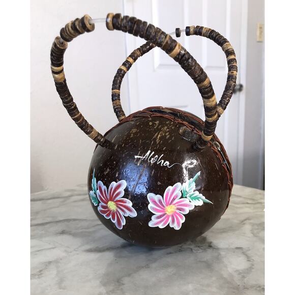 Unbranded Handbags - Coconut Shell Handbag Painted Hibiscus Flower Hawaii Beach Handmade Purse